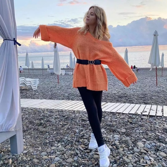 Sweater knit wide sleeve cream white black V-neck womens loose top - Picture 8 of 14